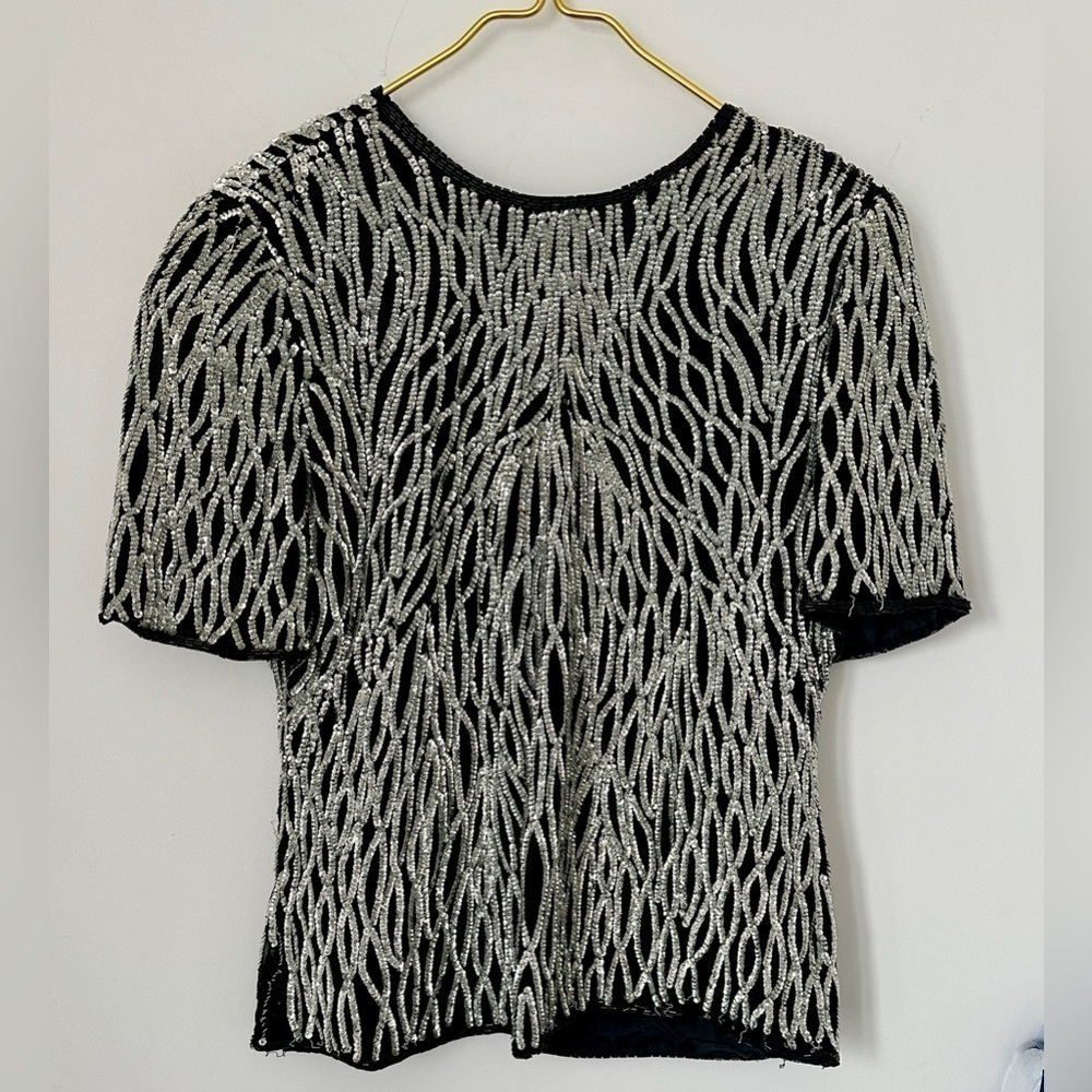 Vintage Royal Feelings Black Pure Silk Silver Sequin Ornate Evening Top FLAW XL